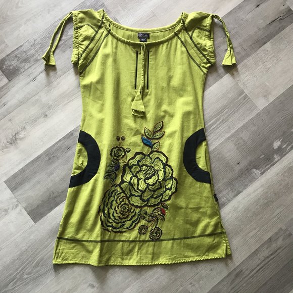 Fuchhi Cotton Floral Embroidered Dress w Pockets shoulder ties Drawstring Med - Picture 1 of 9